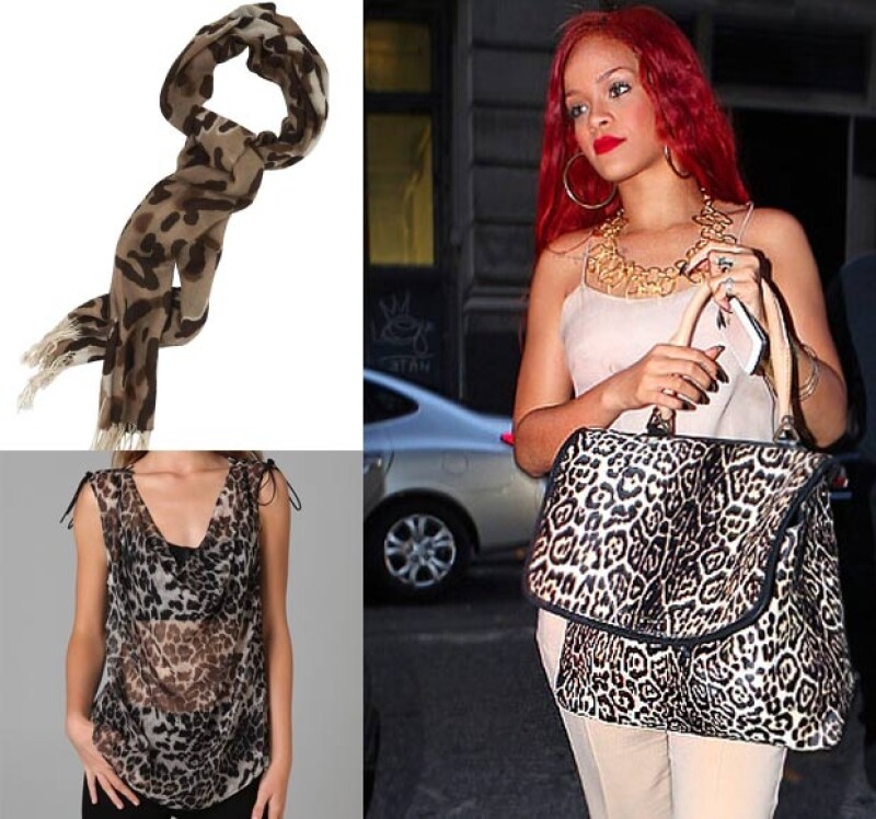 Aquí varias opciones del animal print. La cantante Rihanna lo usa en su bolsa, otras opciones son en un foulard, como este d Roberto Verino, o en la blusa, como esta de Haute Hippie.