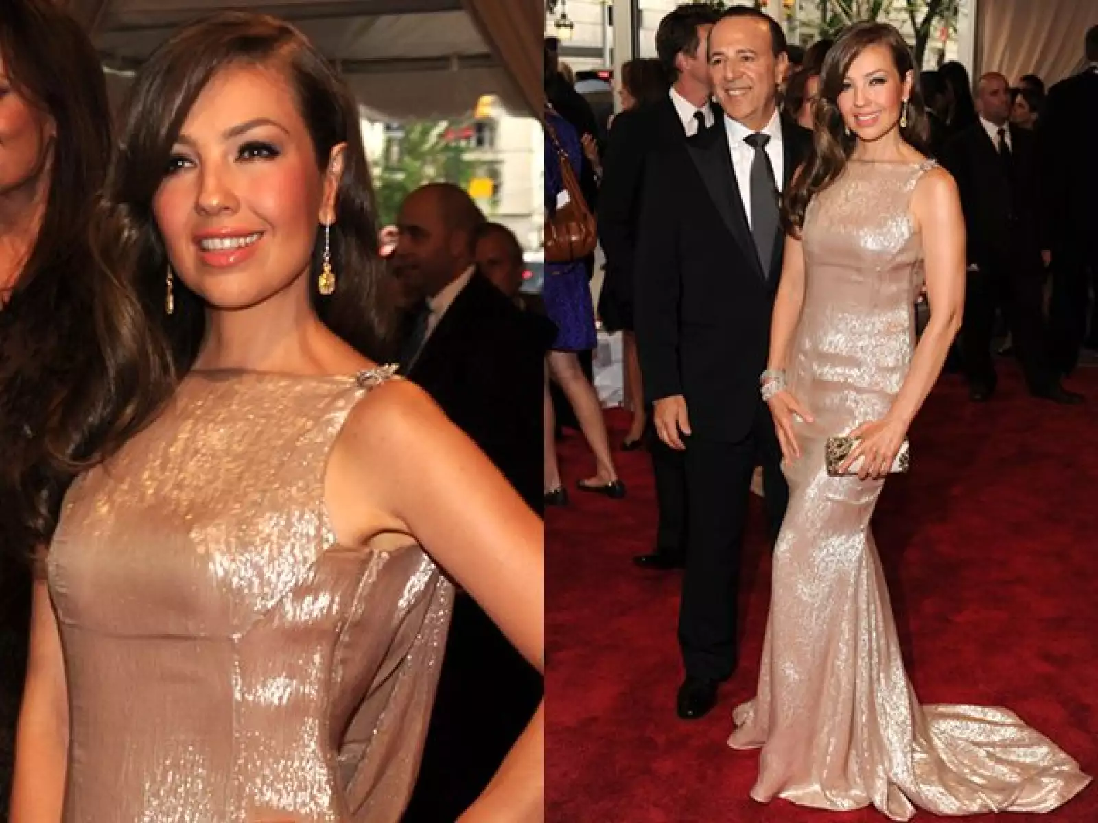 Thalía llegó al evento luciendo fabulosa y acompañada por su esposo, Tommy Motola. Llevó un vestido nude metálico de Brian Reyes.