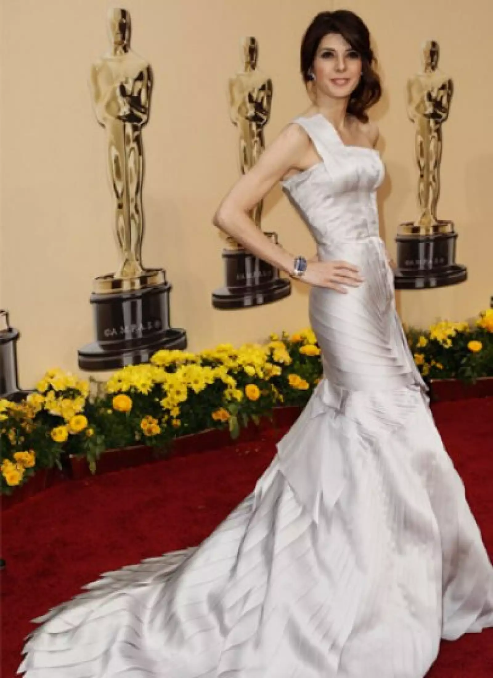 Marisa Tomei, nominada por su papel en El Luchador, llevó un elegante vestido de Versace, que complementó con joyería de Van Cleef and Arpels: brazalete de diamentes y zafiros, anillo y aretes de diamantes.