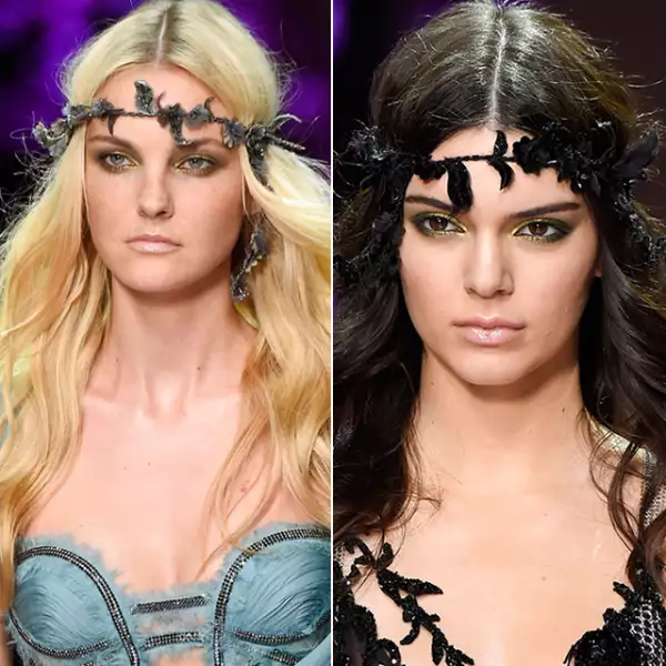 La pasarela de Atelier Versace destacó por su aire místico. Las sombras de las modelos fueron verde brillante con negro, y el resto de la cara fue tono nude. El pelo iba suelto y en ondas con coronas de flores que combinaban con cada vestido.