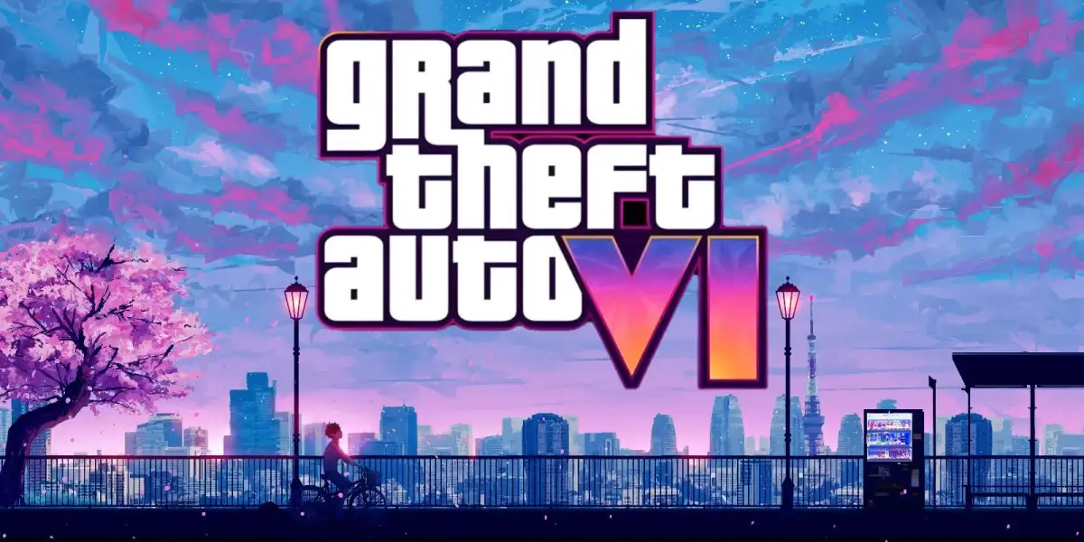 Logotipo de GTA VI sobre una ilustración urbana en tonos azules y rosas, con un ciclista y edificios al fondo.