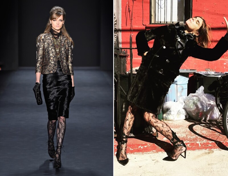 Tanto en Badgley Mischka Fall 2015 como en el look de la afamada editora Carine Roitfeld, complementaron medias con diseño y piezas de terciopelo o piel.