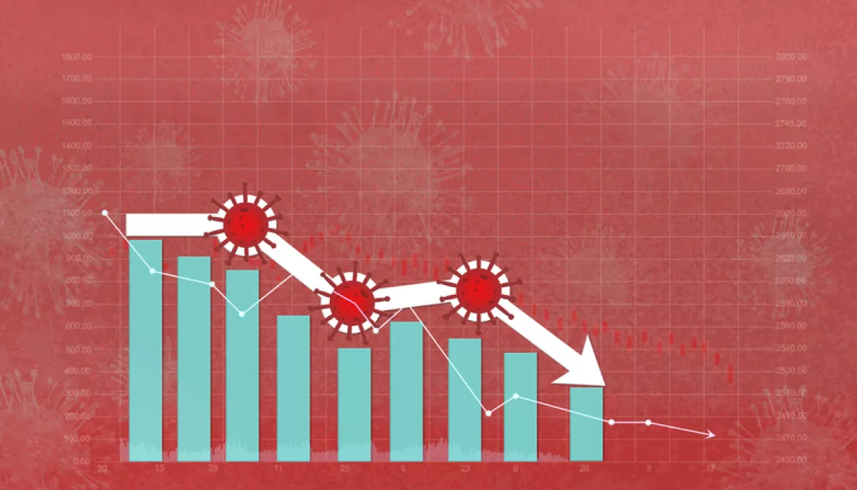 Stock market down on coronavirus fears, Economy down with coronavirus 2019-nCov, Pandemic virus, Stock market crisis red price arrow down chart fall. 3d rendering.