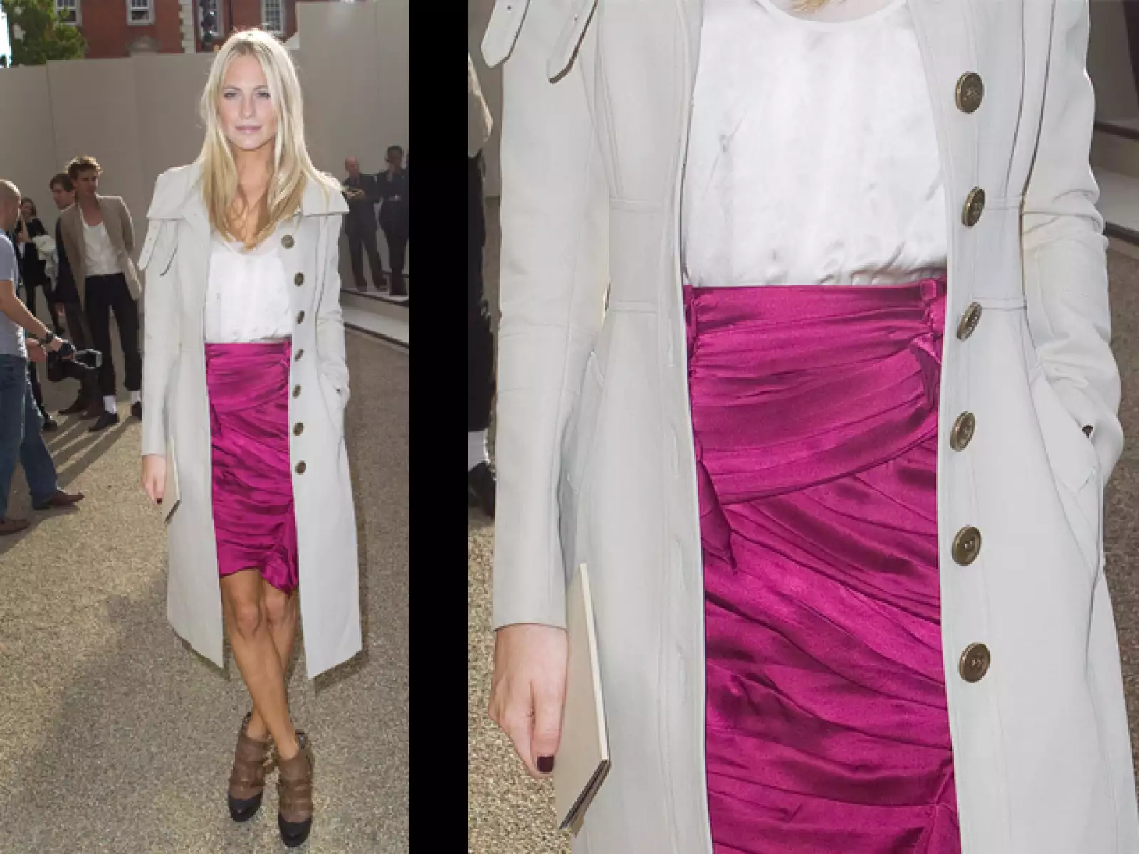 La fashionista combinó una falda satinada y drapeada con tonos claros.