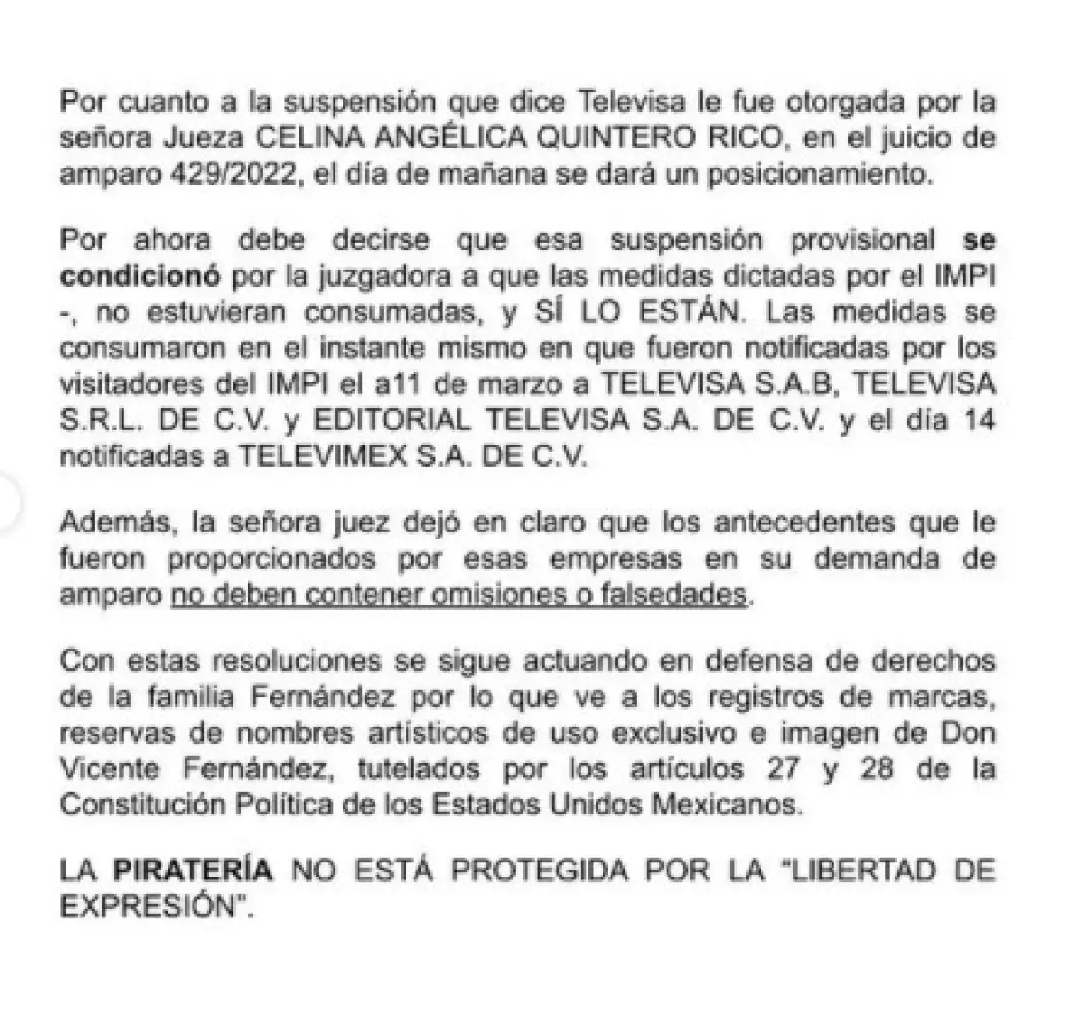 Comunicado familia Fernández.
