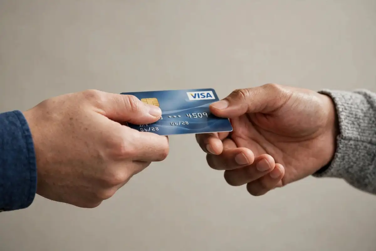 Dos personas intercambiando una tarjeta de crédito.