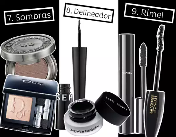 Sombras: Urban Decay, Dior. Delineador: Sephora Collection, Bobbi Brown. Rímel: Chanel, Lancôme.