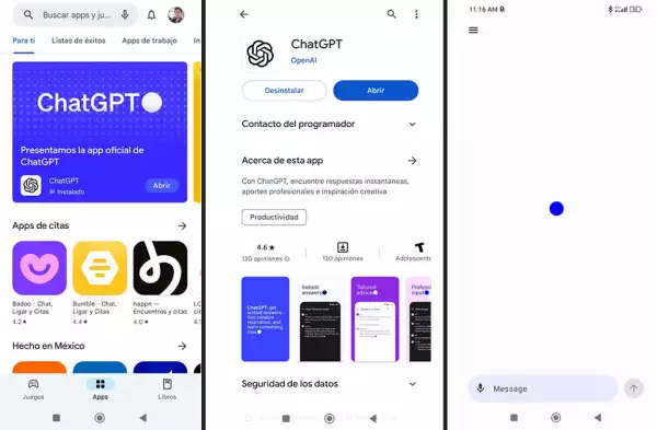 Captura de pantalla app ChatGPT en Android