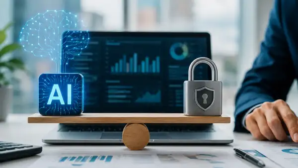Representación de una balanza con inteligencia artificial y ciberseguridad frente a una computadora con gráficos de datos.