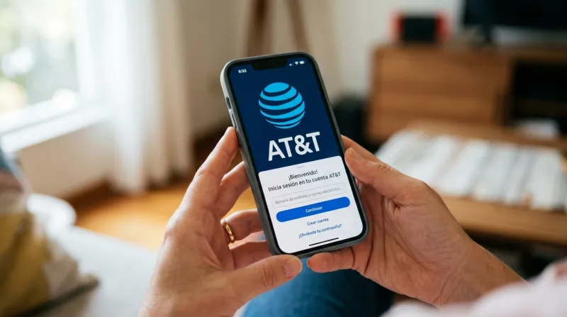 Persona sostiene un teléfono celular con la aplicación de AT&T abierta en la pantalla de inicio de sesión.
