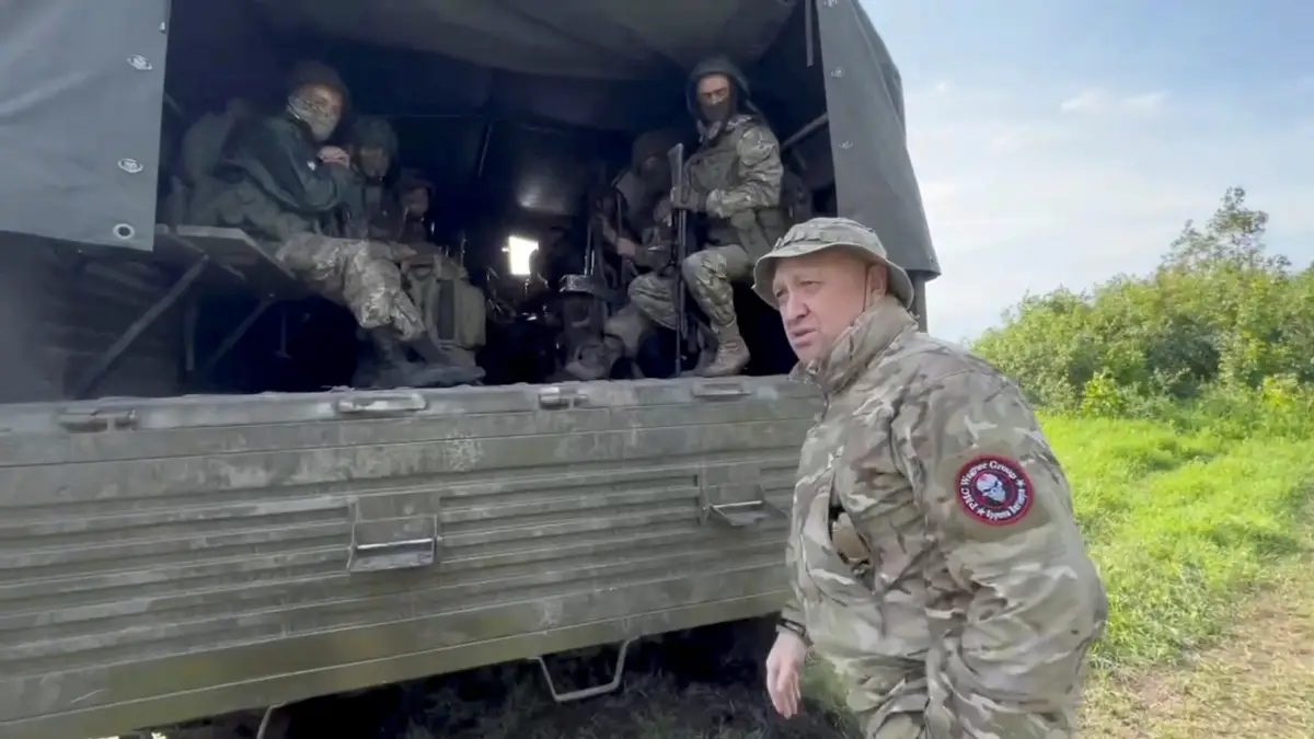 FILE PHOTO: Founder of Wagner private mercenary group Yevgeny Prigozhin speaks with servicemen during withdrawal of his forces from Bakhmut
