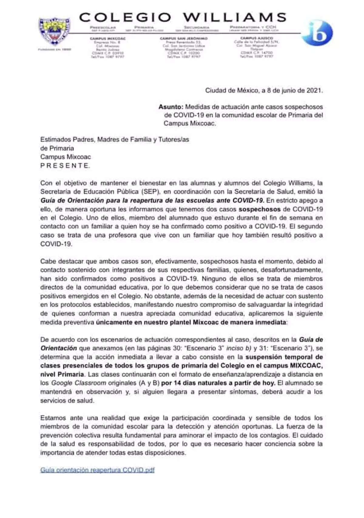 Comunicado del Colegio Williams 