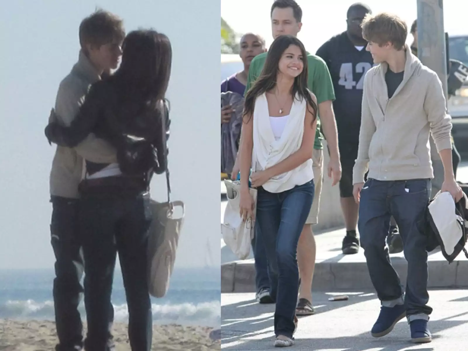 Selena Gomez de 18 años y Justin Bieber, de 16, compartiendo momentos románticos en la playa: se abrazaron, caminaron tomados de la mano, mirándose y sonriendo todo el tiempo.