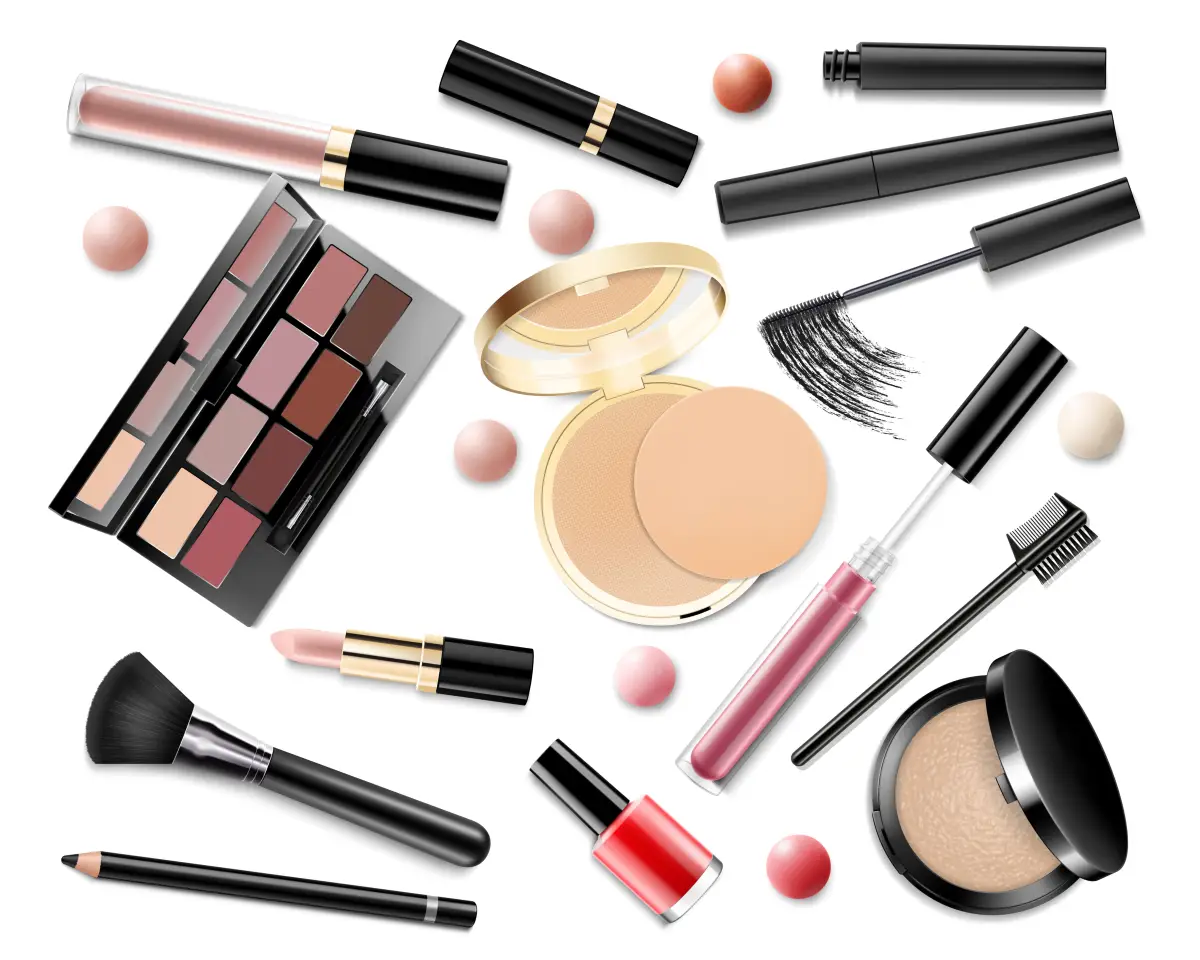 Makeup set. Realistic cosmetic products: eye shadow, powder, blush, eyeliner, concealer, lipstick and lip gloss, foundation, nail polish, mascara, and makeup brushes isolated on white background.
