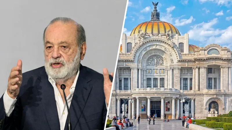 Carlos Slim a la izquierda gesticulando con traje azul, Palacio de Bellas Artes centrado a la derecha con cúpula naranja, separados por una línea blanca delgada inclinada.