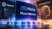 Ilustración digital con el logotipo azul de Meta y el nombre Muse Wonder en el centro. A los costados aparecen los nombres de OpenAI y Anthropic, sobre un fondo futurista con luces azules y naranjas que representa la competencia en inteligencia artificial.