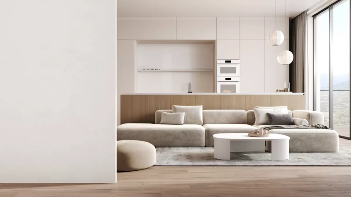 Empty wall and modern kitchen interior with dining area and sofa, 3D Rendering