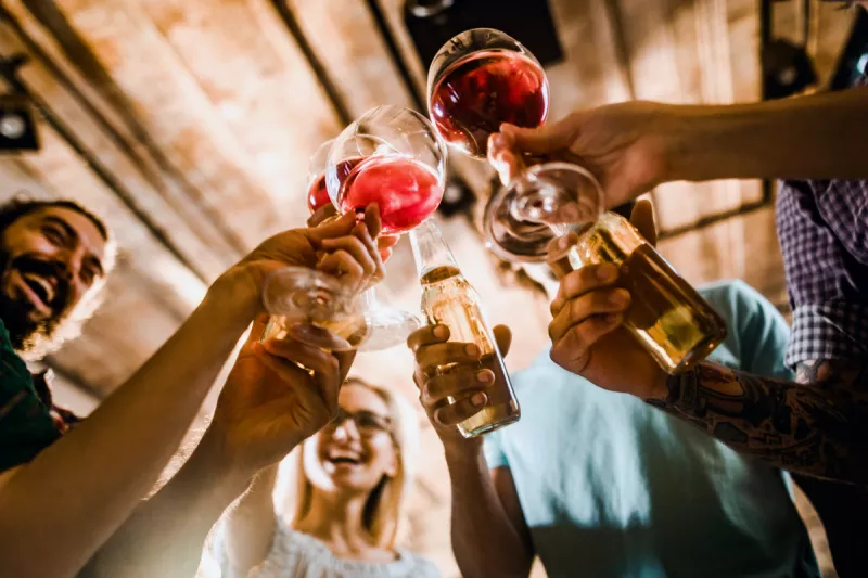 (Personas brindando con copas de vino y tarros de cerveza)