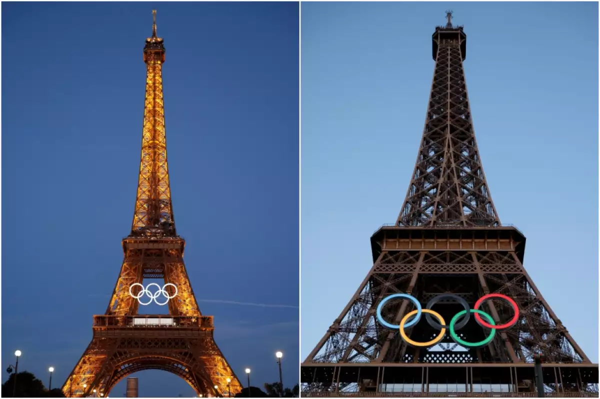 Aros de Juegos Olímpicos en la torre Eiffel