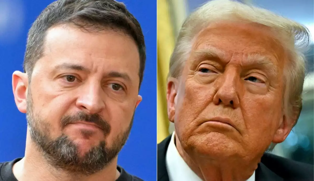 Esta combinación de imágenes creadas el 12 de febrero de 2025 muestra (L-R) al presidente de Ucrania Volodymyr Zelensky en Bruselas, el 17 de octubre de 2024 y al presidente estadounidense Donald Trump el 10 de febrero de 2025, en Washington, DC. El presidente estadounidense Donald Trump llamó al líder ucraniano Volodymyr Zelensky un "dictador sin elecciones" el 19 de febrero de 2025, intensificando sus ataques a medida que aumentan las tensiones entre Kiev y Washington.
