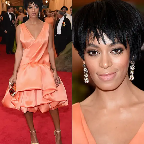 Met Gala 2014: Solange hizo un cambio drástico cuando llevó el pelo en un súper short bob. Llevó un vestido en color durazno de 3.1 Phillip Lim hecho a la medida.