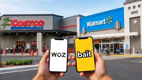 Dos celulares en sus pantallas se ven WOZ y BAIT