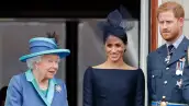 Reina Isabel, príncipe Harry y Meghan Markle