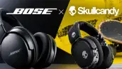 Ilustración de audífonos Bose y Skullcandy sobre un fondo negro y amarillo que representa la adquisición de Skullcandy por Bose.