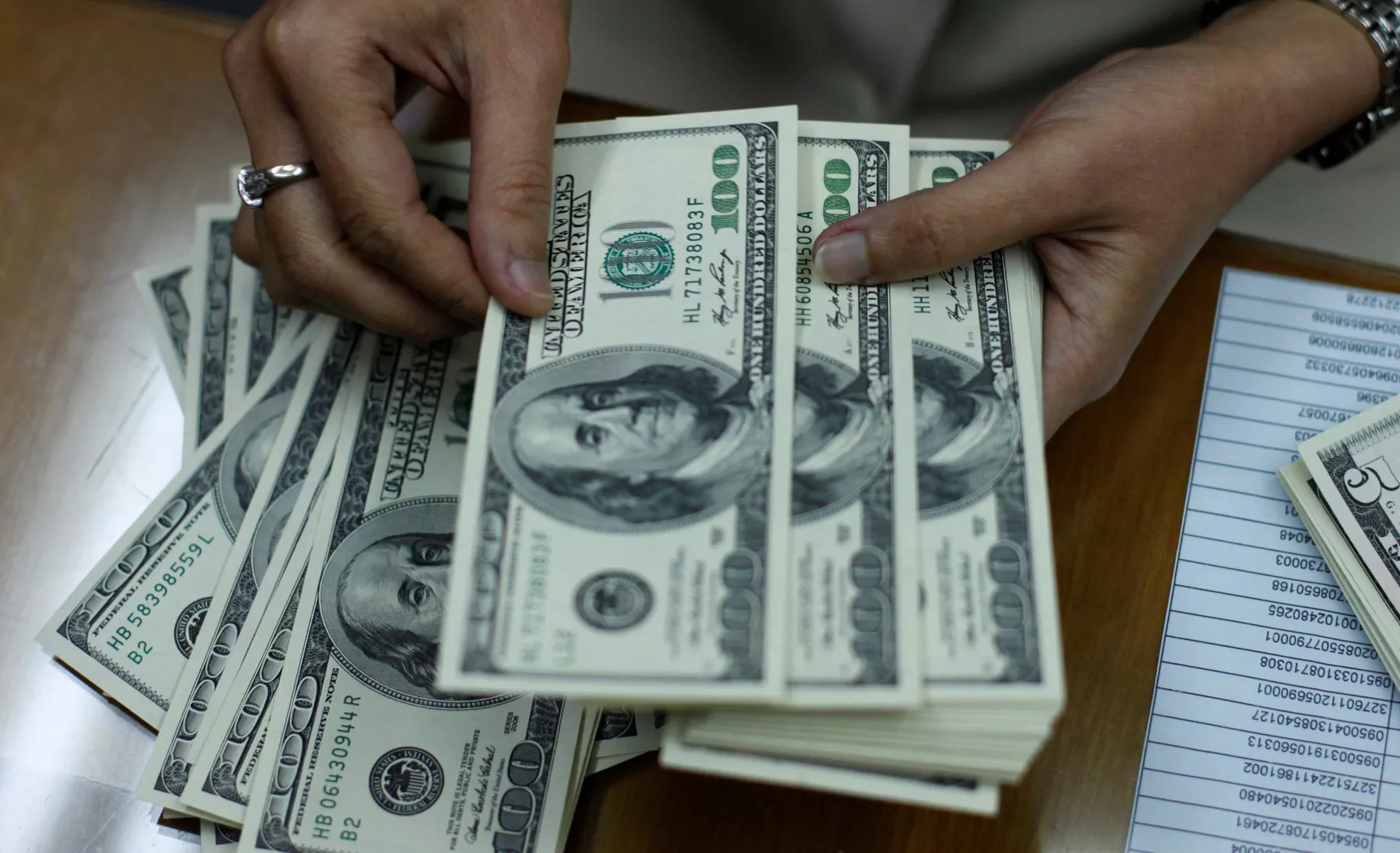 FILE PHOTO: Employee counts U.S. dollar at money changer in Jakarta
