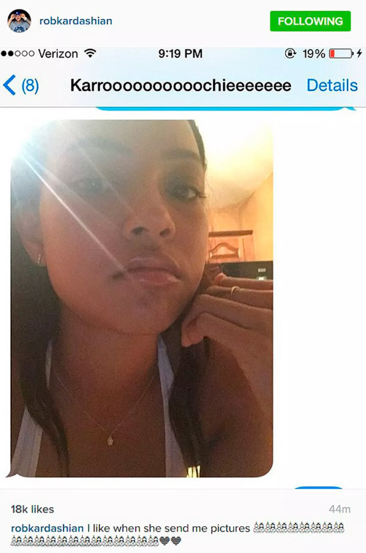 Rob publicó esta fotografía que despertó rumores de romance con la modelo, ex novia de Chris Brown.
