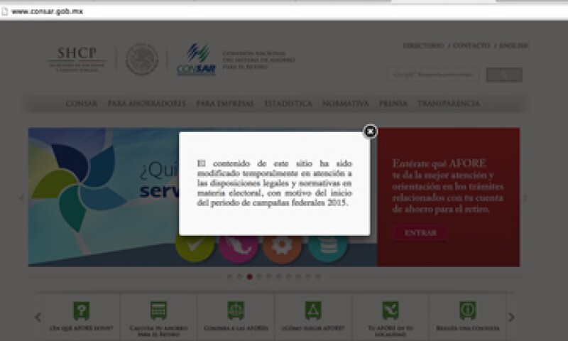 La Consar no modificará los contenidos de su página de internet pese a la disposición del INE.(Foto: Tomada de Consar )