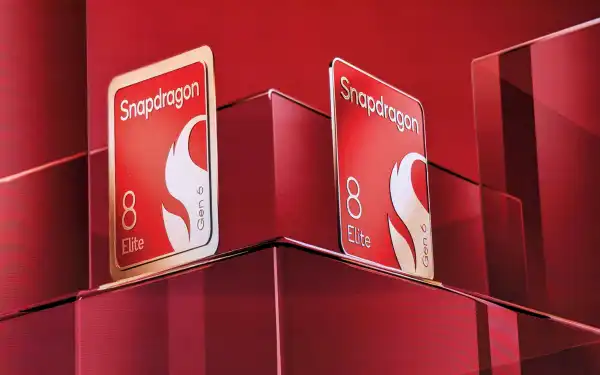 Chip Snapdragon 8 Elite, de Qualcomm, sobre un fondo de color rojo,.
