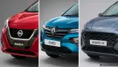 Una imagen dividida en tres muestra el frente de Nissan March, Renault Kwid y Hyunday Grand i10 HB
