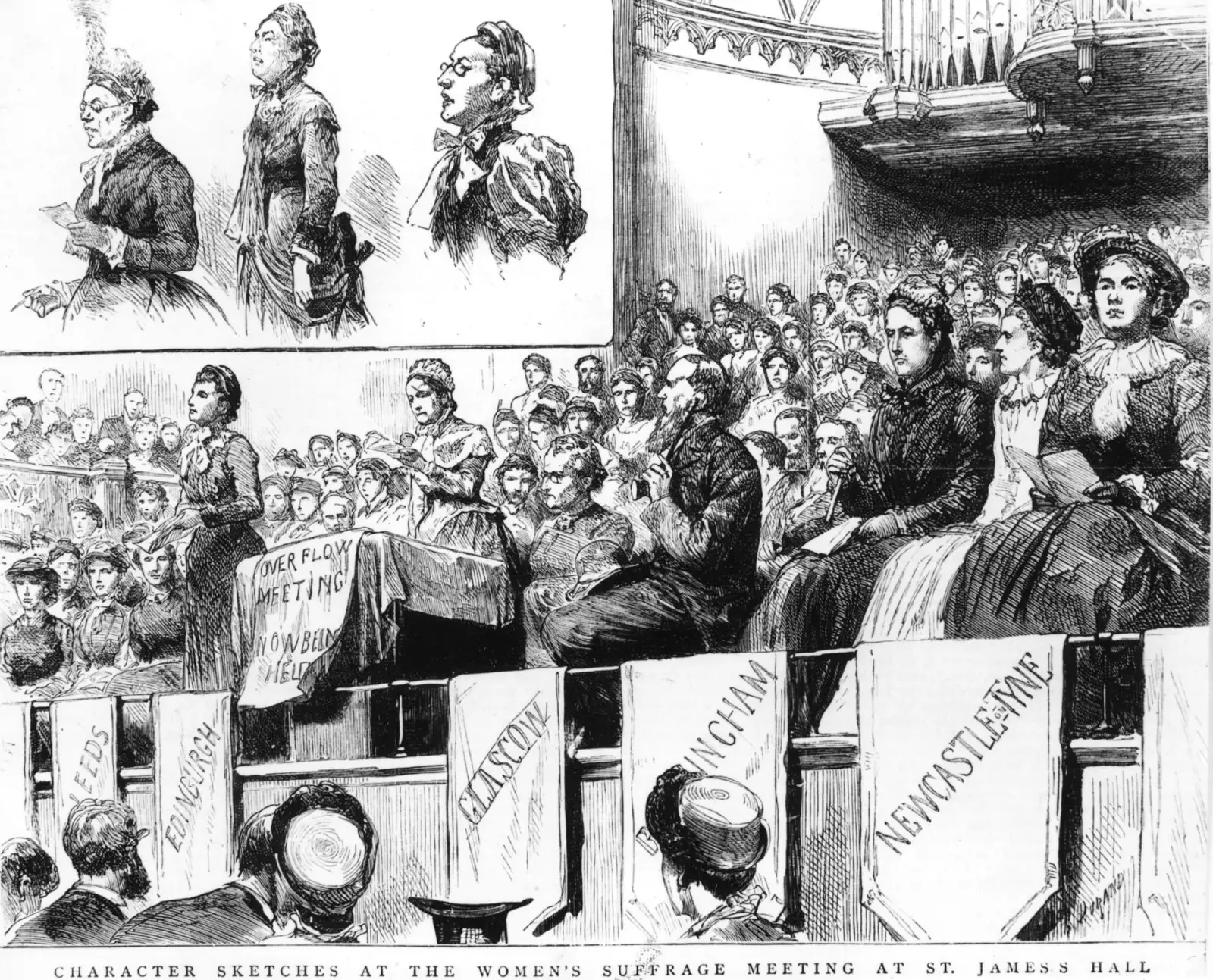 Bocetos de personajes de la sufragista inglesa, la Dra. Elizabeth Garrett Anderson, (1836 - 1917), la primera mujer en calificar como médica en Inglaterra, abordando una reunión en St James Hall, Londres. Publicación original: The Graphic