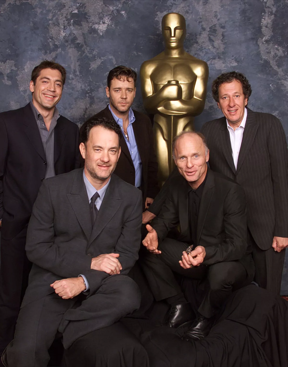 Tom Hanks, Ed Harris, back row, Javier Bardem , Russell Crowe y Geoffrey Rush. 