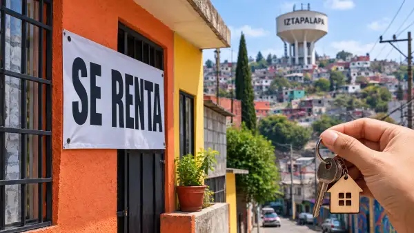 Una casa de iztapalapa con un anuncio de se renta y una mano sosteniendo las llaves. 