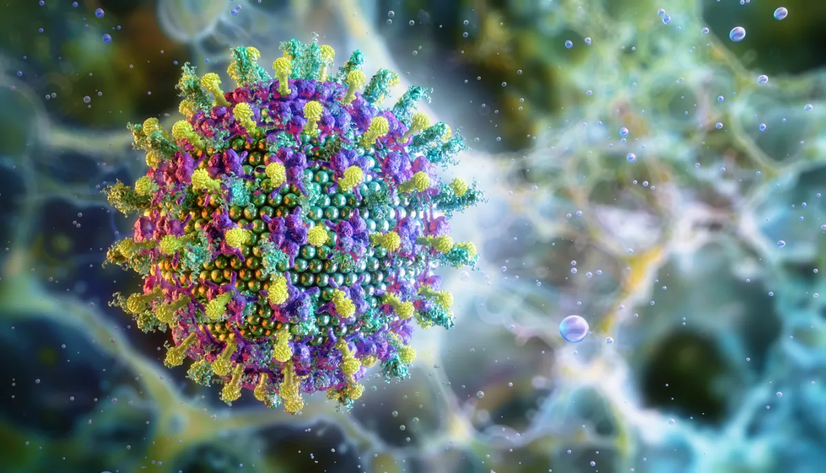 Imagen de microscopía electrónica del virus Nipah. Murciélago, huésped principal del virus de la enfermedad zoonótica Nipah. Henipavirus, replicación celular del virus, infección respiratoria aguda, encefalitis. Ilustración científica en 3D del nanomundo