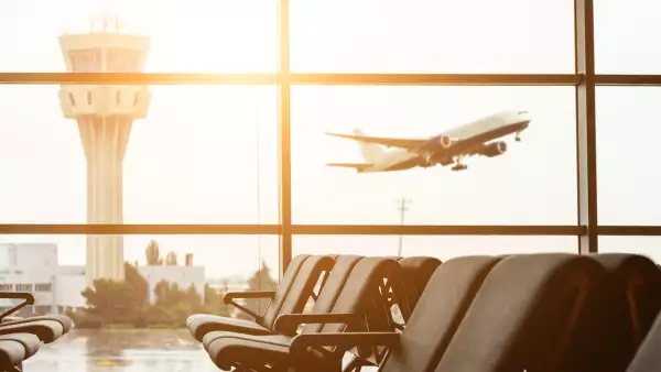 Airport departure all with control tower and airplane on backgro