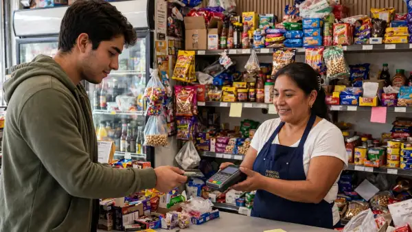 Un hombre joven pagando con tarjeta en una tienda de la esquina.