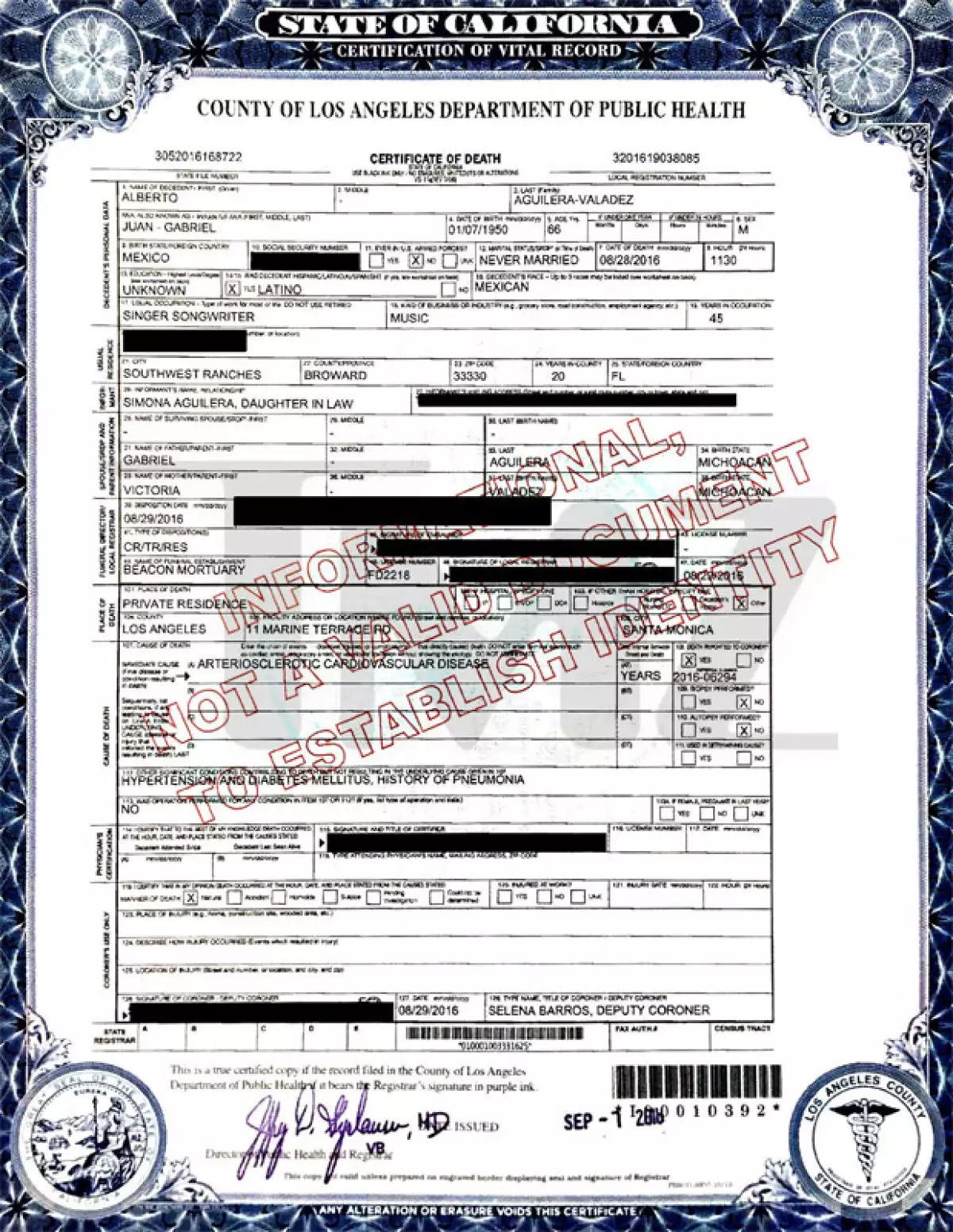 En el certificado resaltan las causas que provocaron la repentina muerte del cantante mexicano a los 66 años.