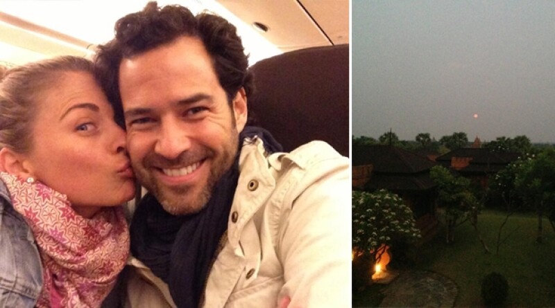 Ludwika y Emiliano en el avión rumbo a Singapour y al lado la imagen de un amanecer en Bagan, Birmania.
