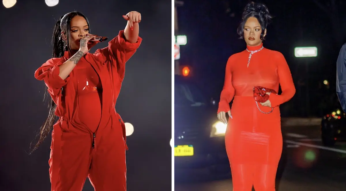 Rihanna en el super bowl con un jumpsuit de Loewe y Rihanna con un vestido sobre pantalón en Nueva York. 