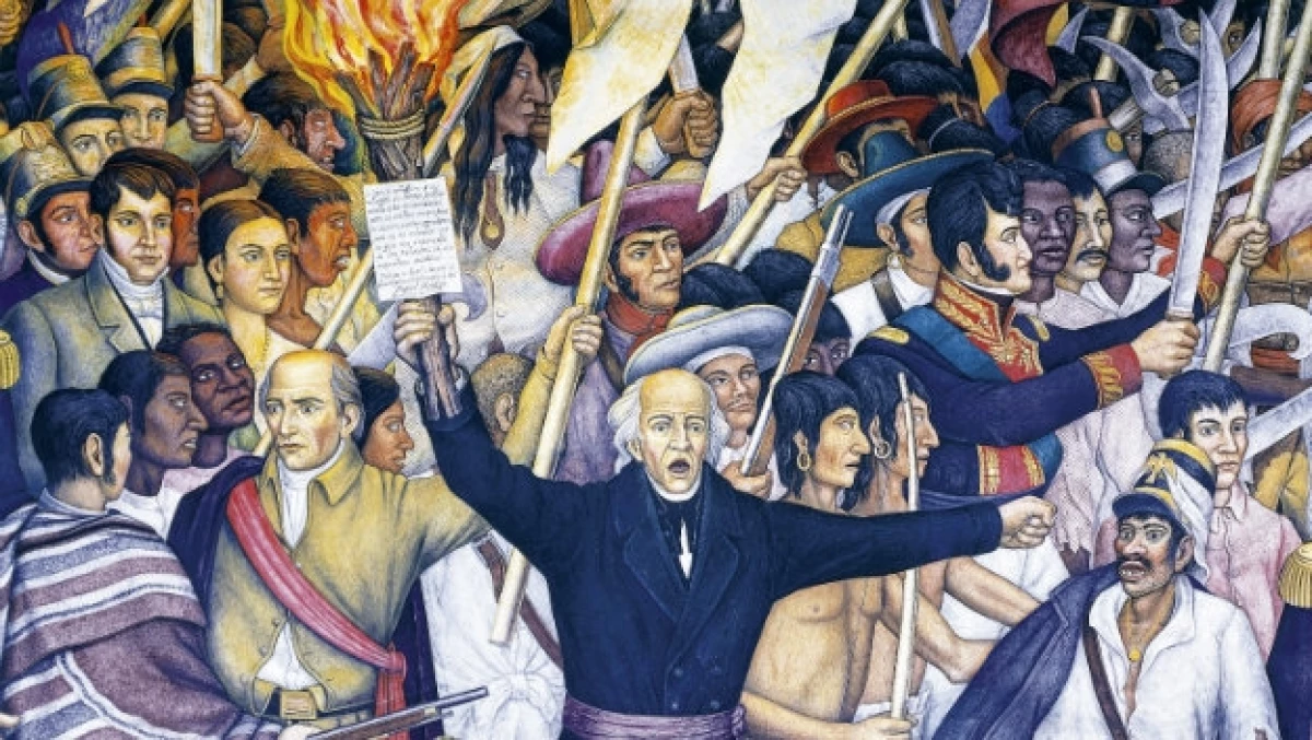 Pintura sobre la Independencia de México, con Miguel Hidalgo y una multitud