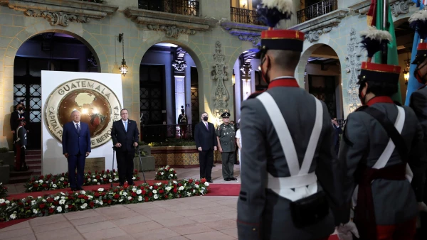 Guatemala’s President Alejandro Giammattei meets with Mexico's President Andres Manuel Lopez Obrador at the National Palace of Culture, Guatemala