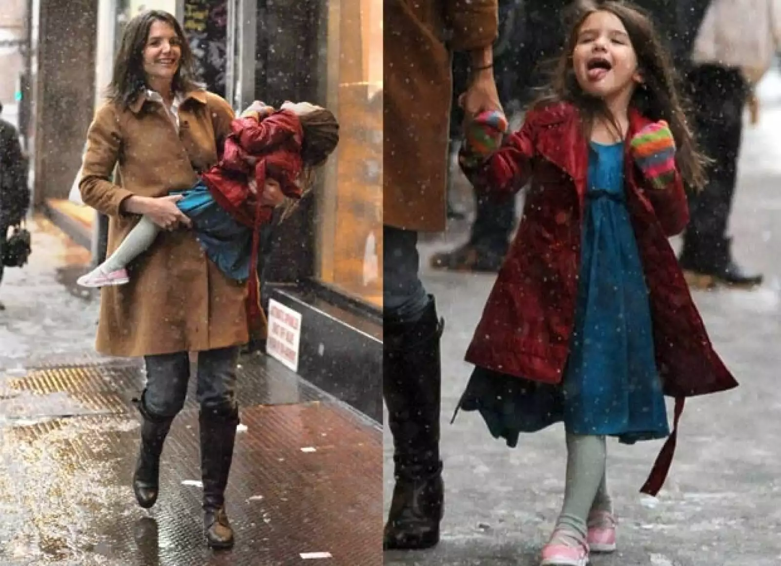 Suri demuestra que le gusta la nieve mientras pasea con mamá.