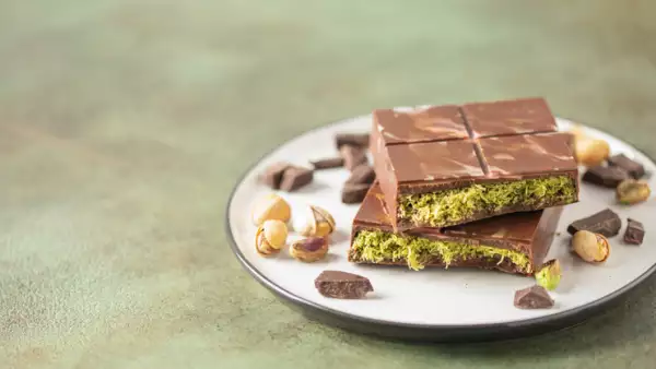 Dubai chocolate  with green kataifi and pistachio paste. Trend dessert