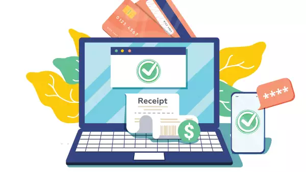 Notification on financial transaction. Laptop with electronic receipt. Online payment confirmation via SMS. Vector