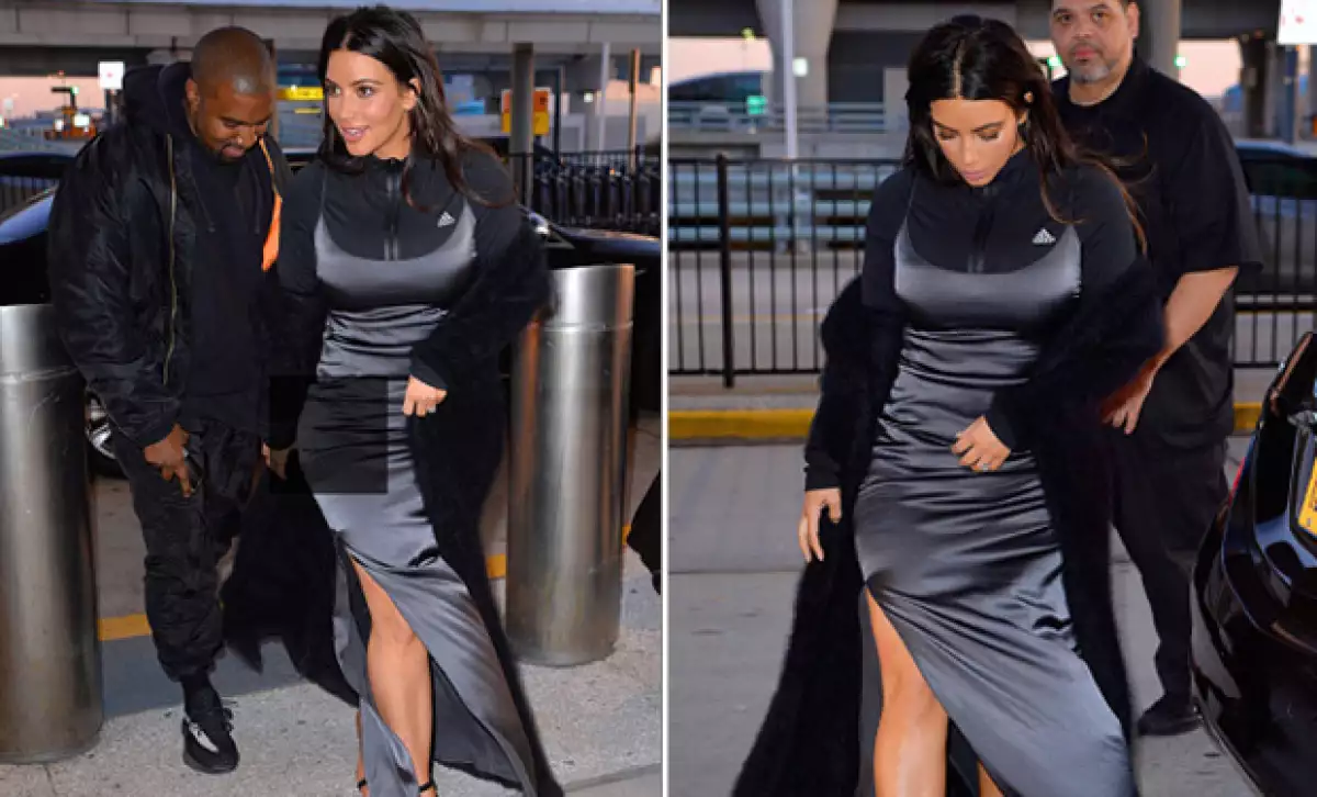 Hoddie, vestido de noche y abrigo de piel fue la elección de Kim para ir al aeropuerto.