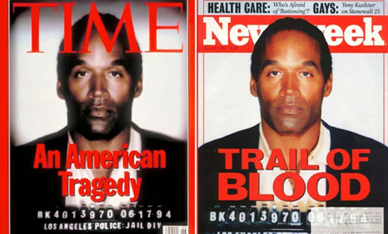 TIME publicó una foto en la que se había oscurecido la imagen de O.J y disminuido el tamaño del número de identificación como prisionero. Esta imagen apareció en todo E.U. junto a la portada de Newsweek, que no manipuló la fotografía original.