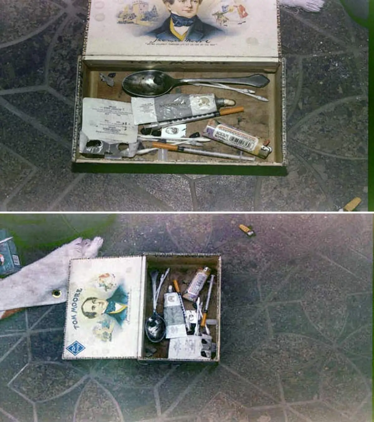 El heroin kit de Kurt Cobain. Que en realidad resulta ser una caja de cigarrillos con jeríngas, y otra indumentaria para drogarse.